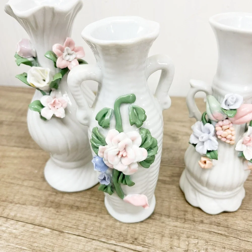 Vintage White Porcelain Miniature Bud Vases Set of 3 Applied 3D Floral Accents